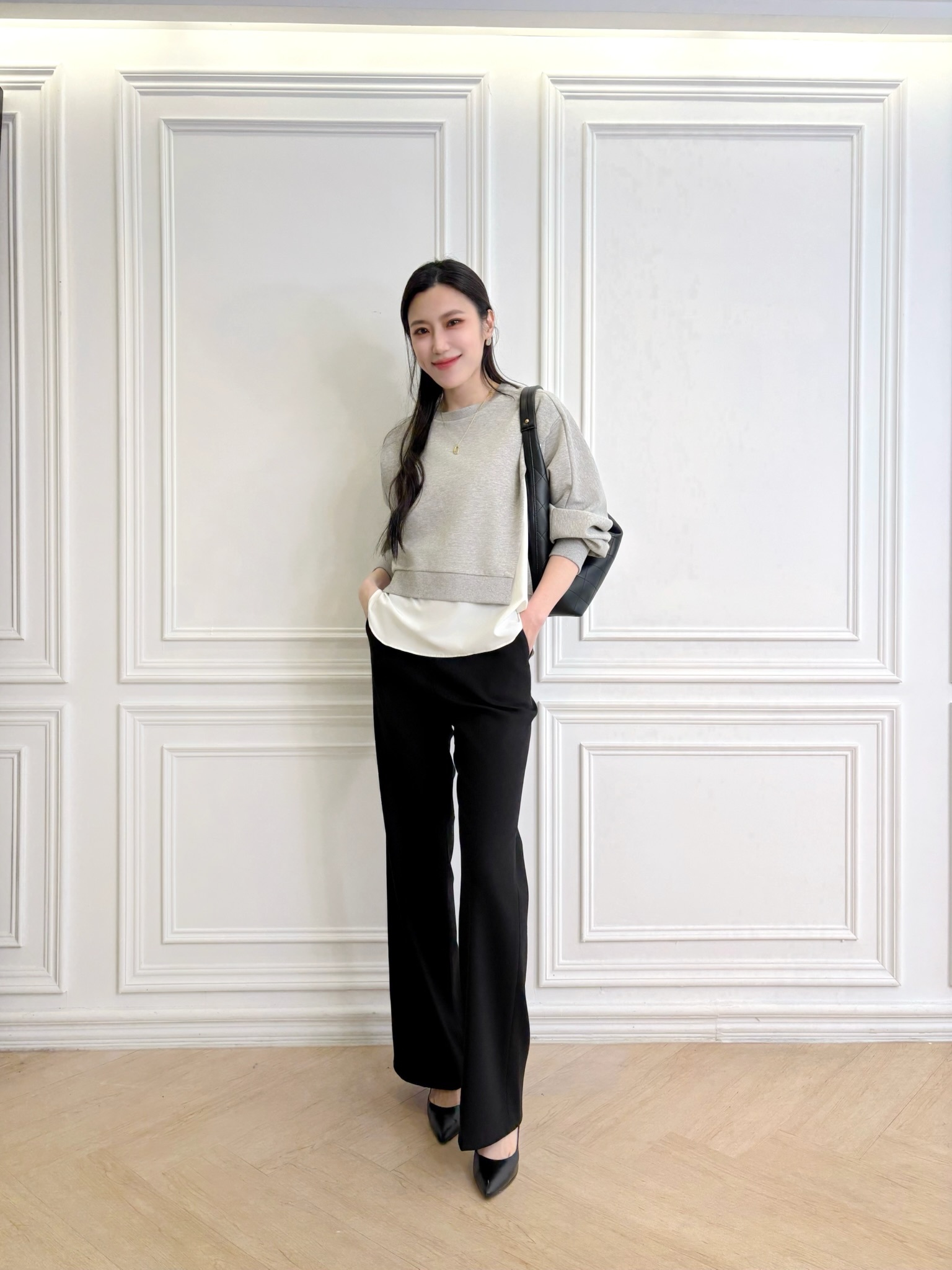 棉料側開衩拼接雪紡上衣