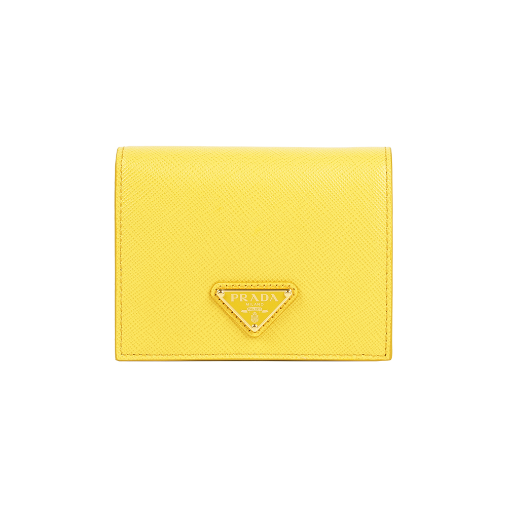 【Prada】琺瑯三角牌Logo 防刮皮革二折零錢袋短夾(太陽黃)
