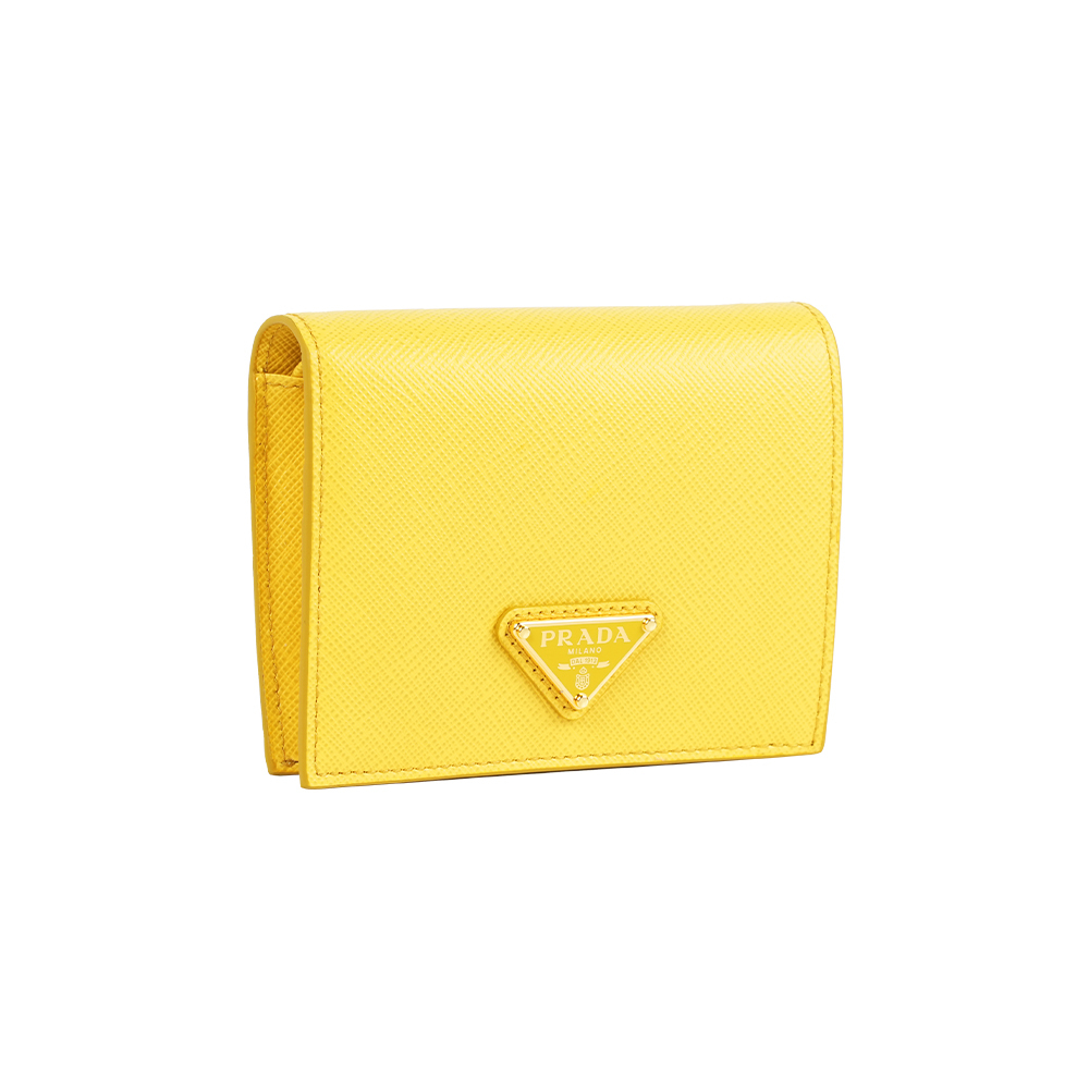 【Prada】琺瑯三角牌Logo 防刮皮革二折零錢袋短夾(太陽黃)