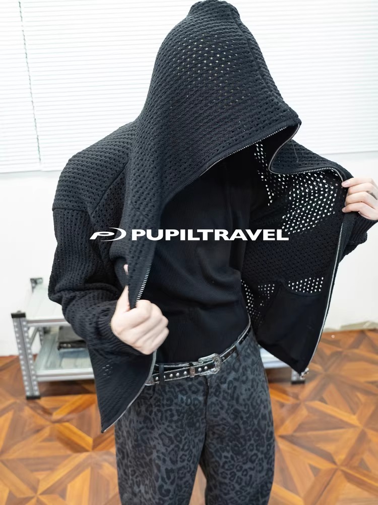 PUPIL 網紋鏤空毛衣拉鍊開襟衫外套