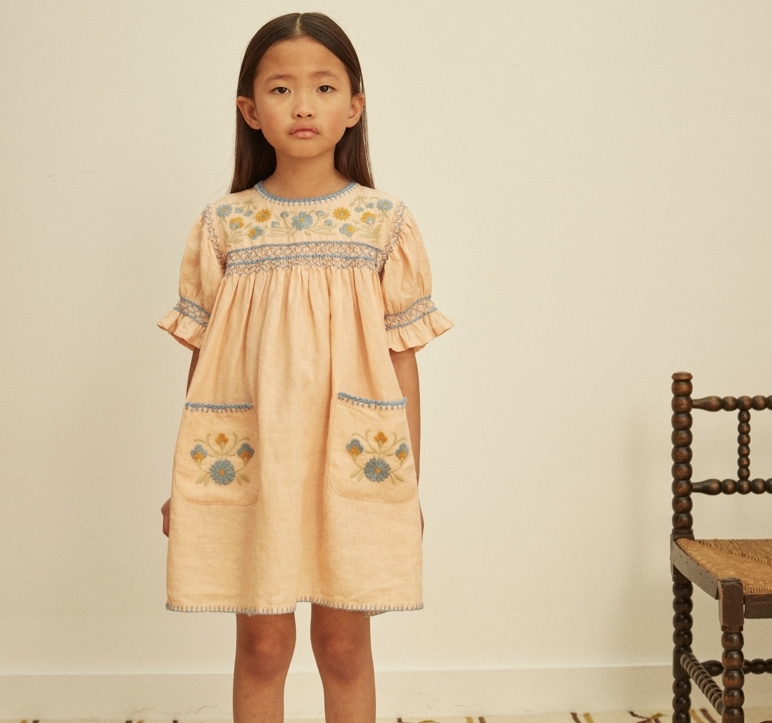 Apolina 朵拉褶皺刺繡亞麻洋裝 DORA DRESS - SATIN PINK