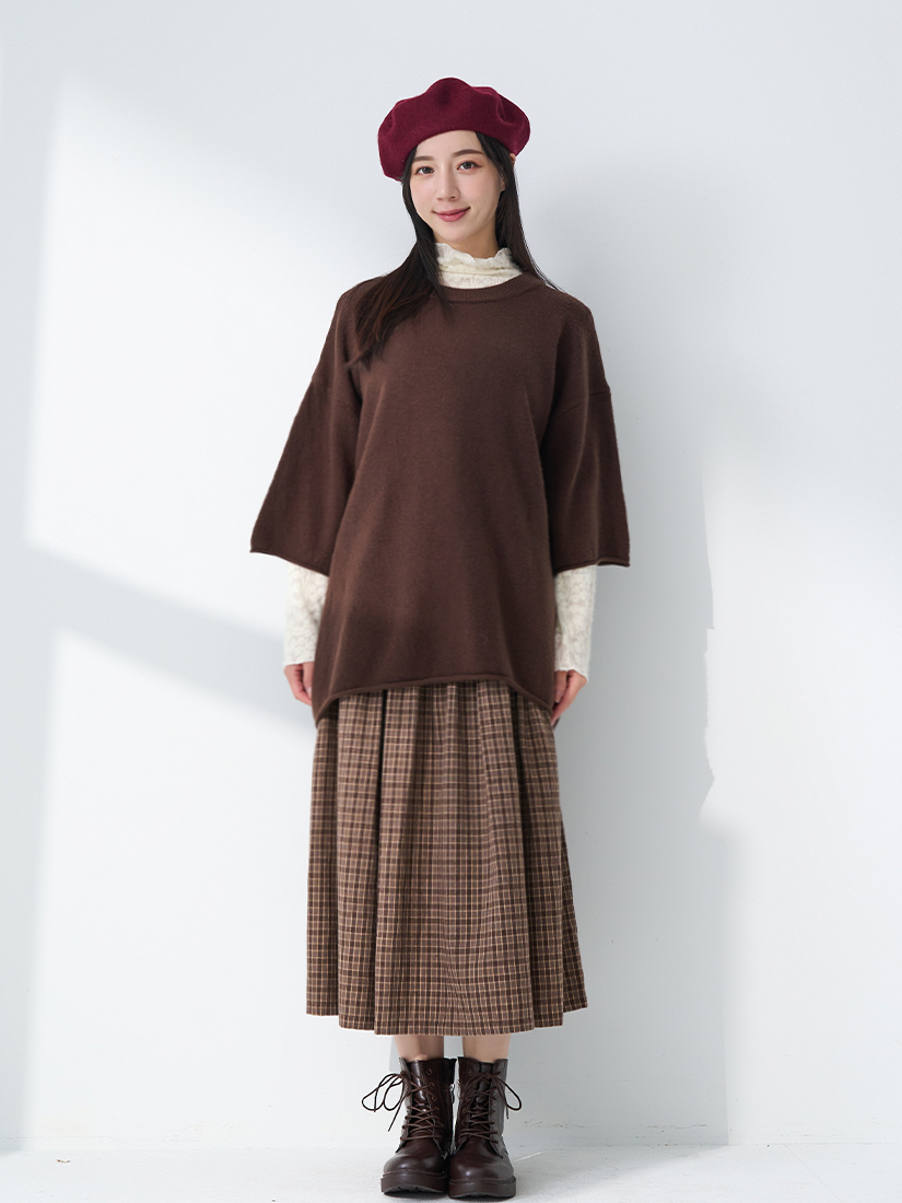 圓領七分袖針織毛衣半高領內搭輕磨毛八分裙組組合