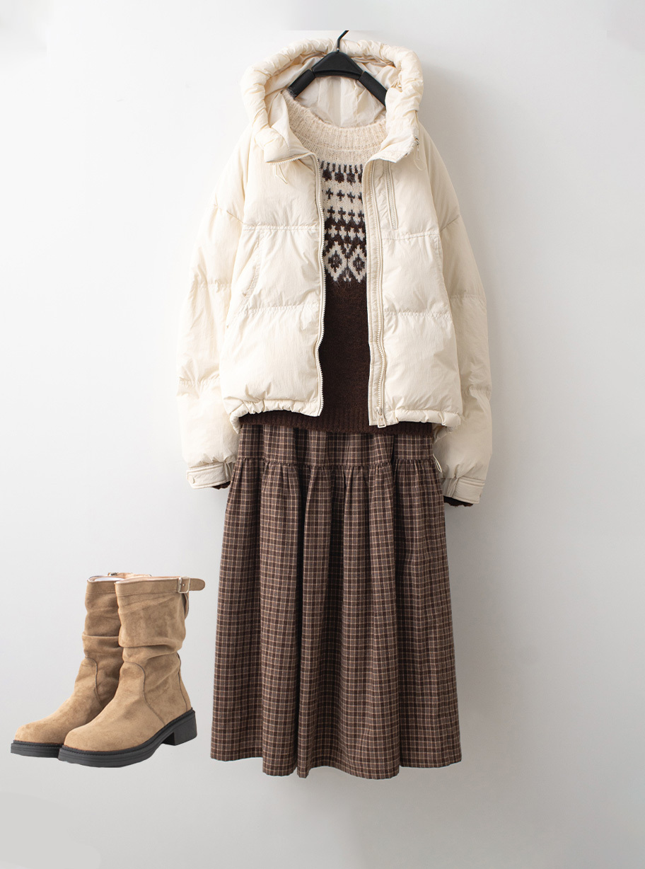 輕盈羽絨外套鬆軟織紋毛衣輕磨毛長裙組合