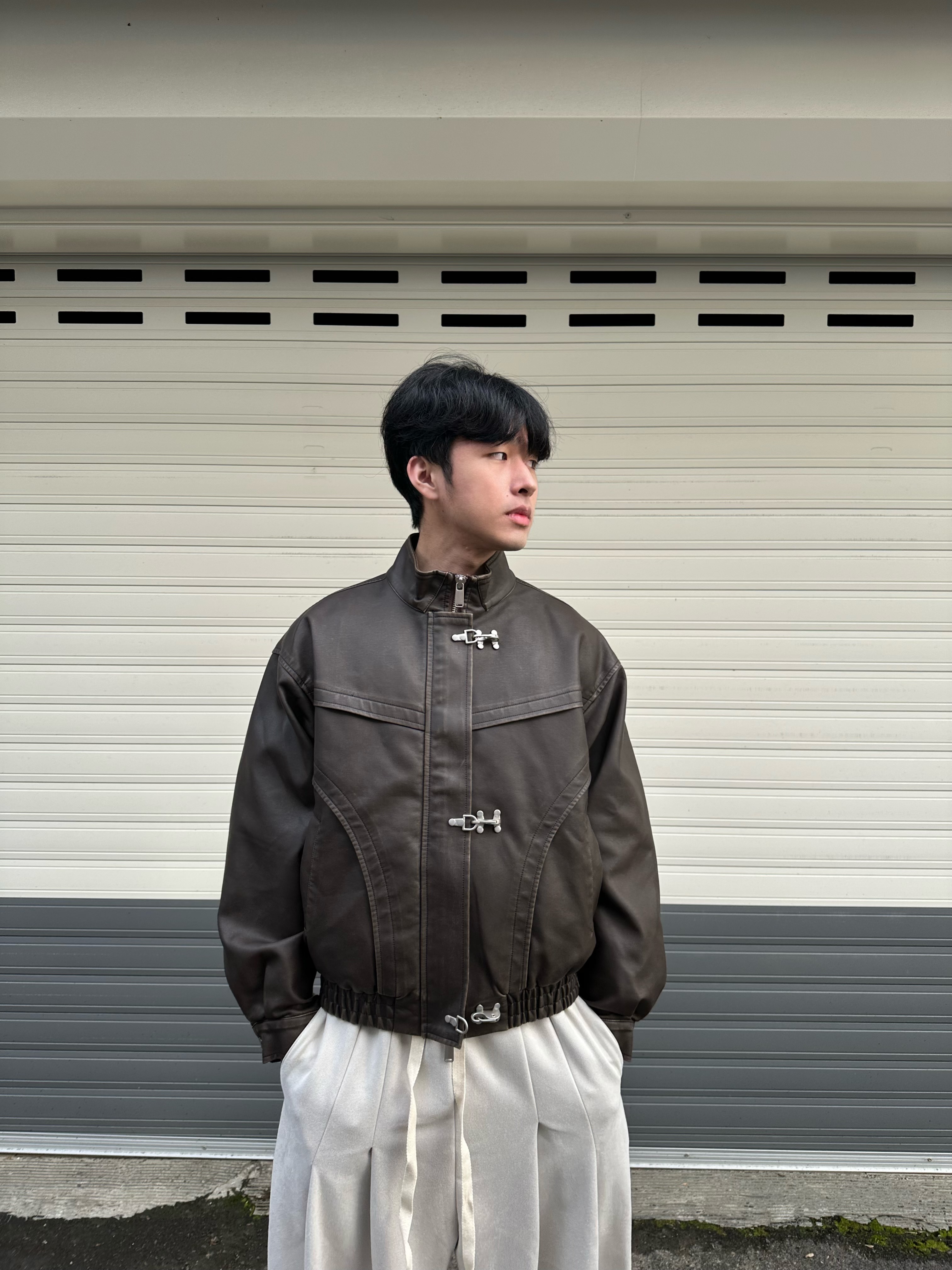 消防扣 復古 剪裁 皮夾克 短版外套