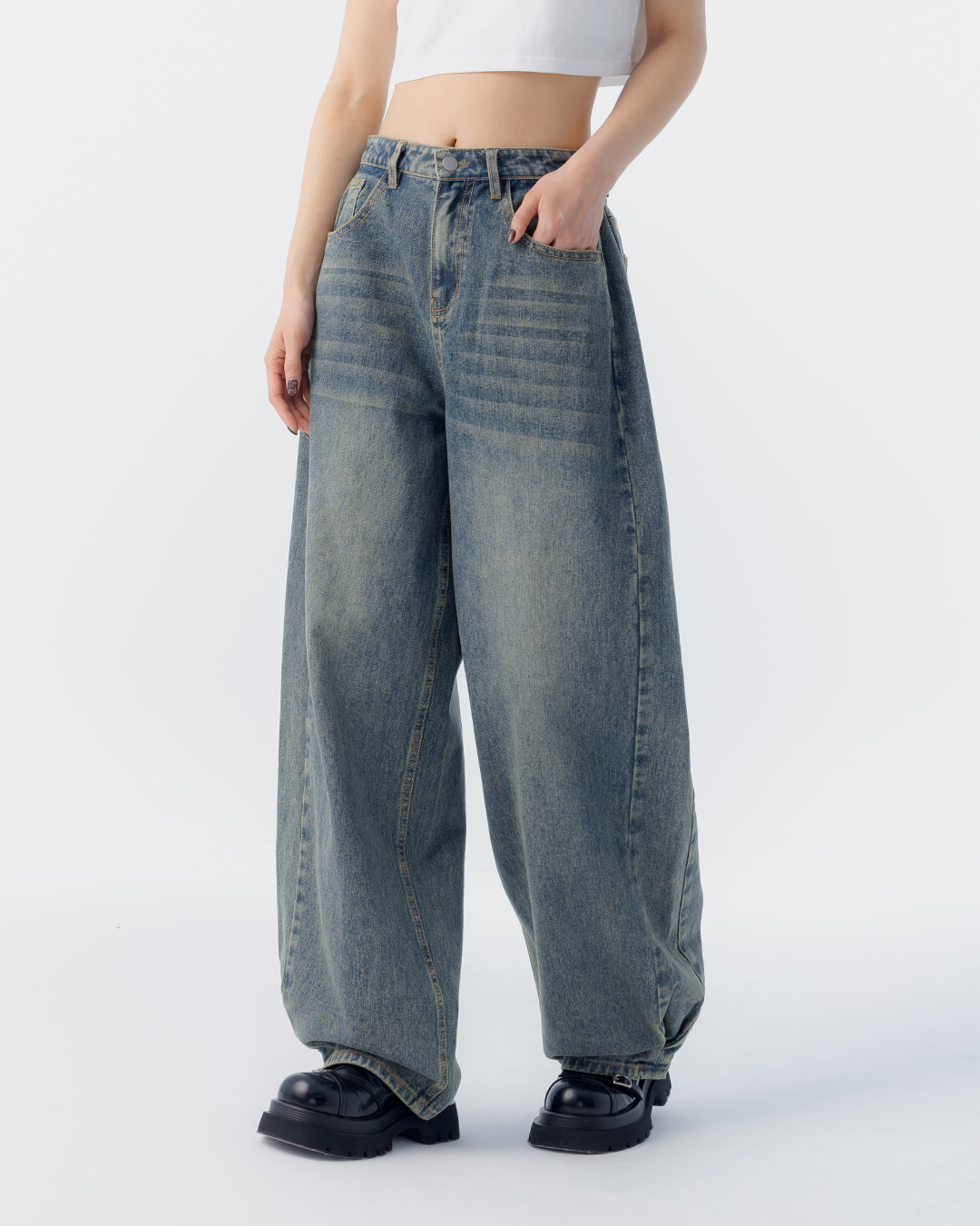 侧打折剪接茧型牛仔长裤 S-L【04011846】现+预