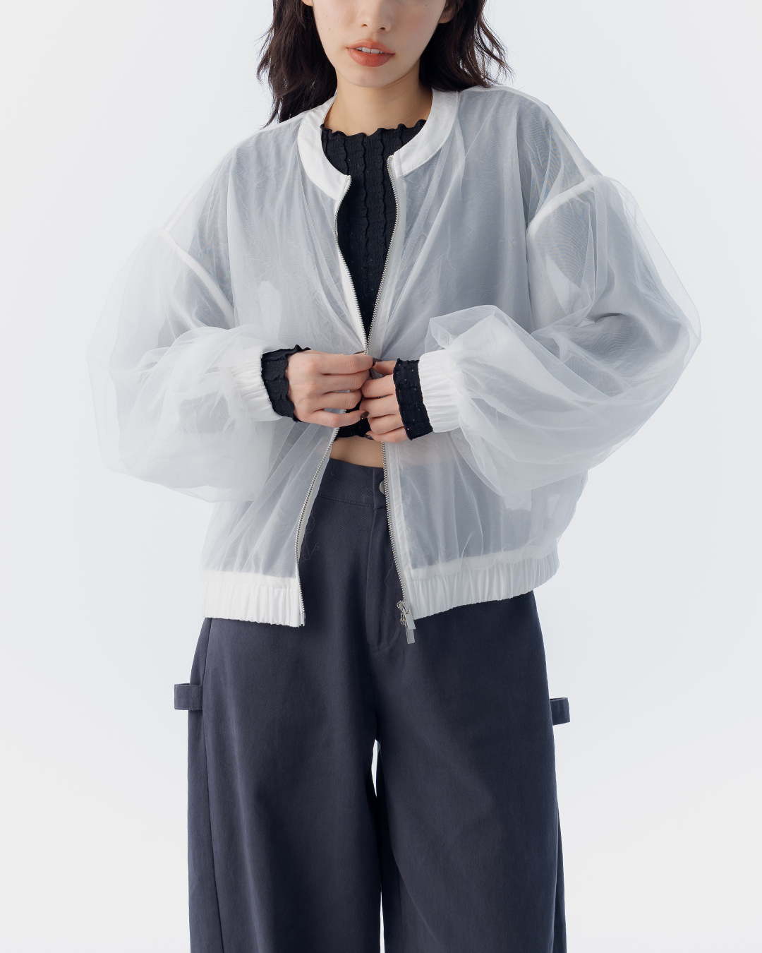 双层网纱透肤澎袖造型外套 两色售【02071697】现+预