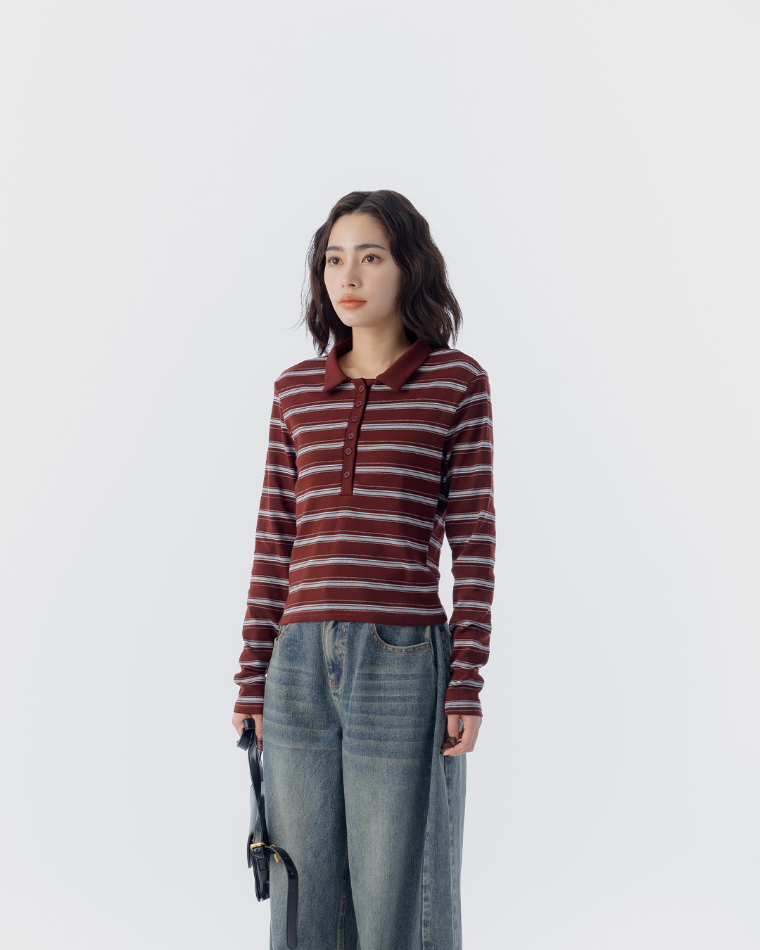 配色条纹合身polo领长袖上衣 三色售【01099686】现+预