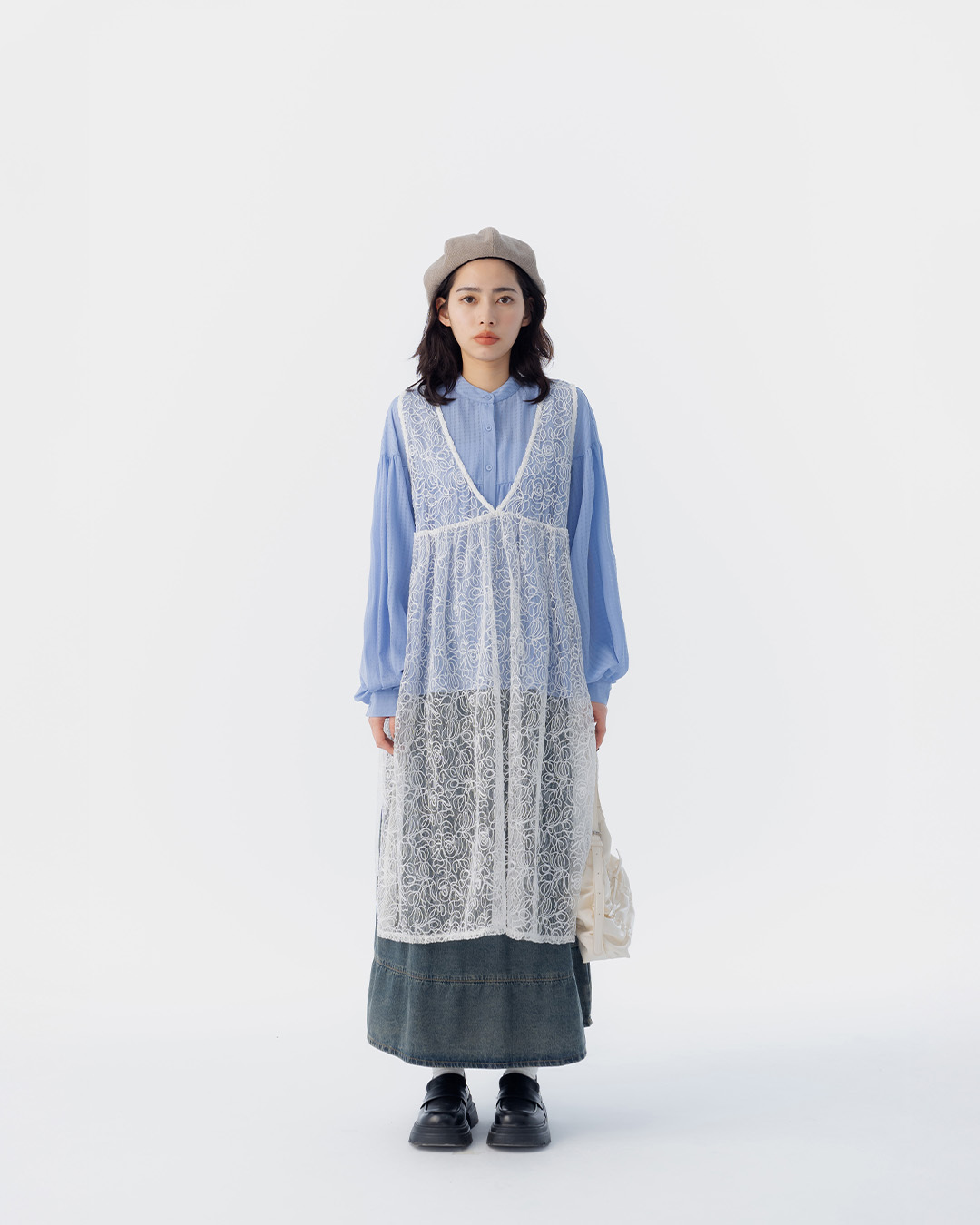 前后两穿缇花网纱绑带罩衫背心【01099534】现+预