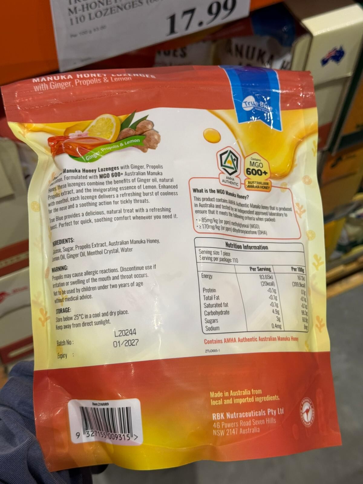 RA25 Trueblue MGO 600+ 麥盧卡蜂蜜 薑檸味喉糖 600g  **到期日:約2026/12