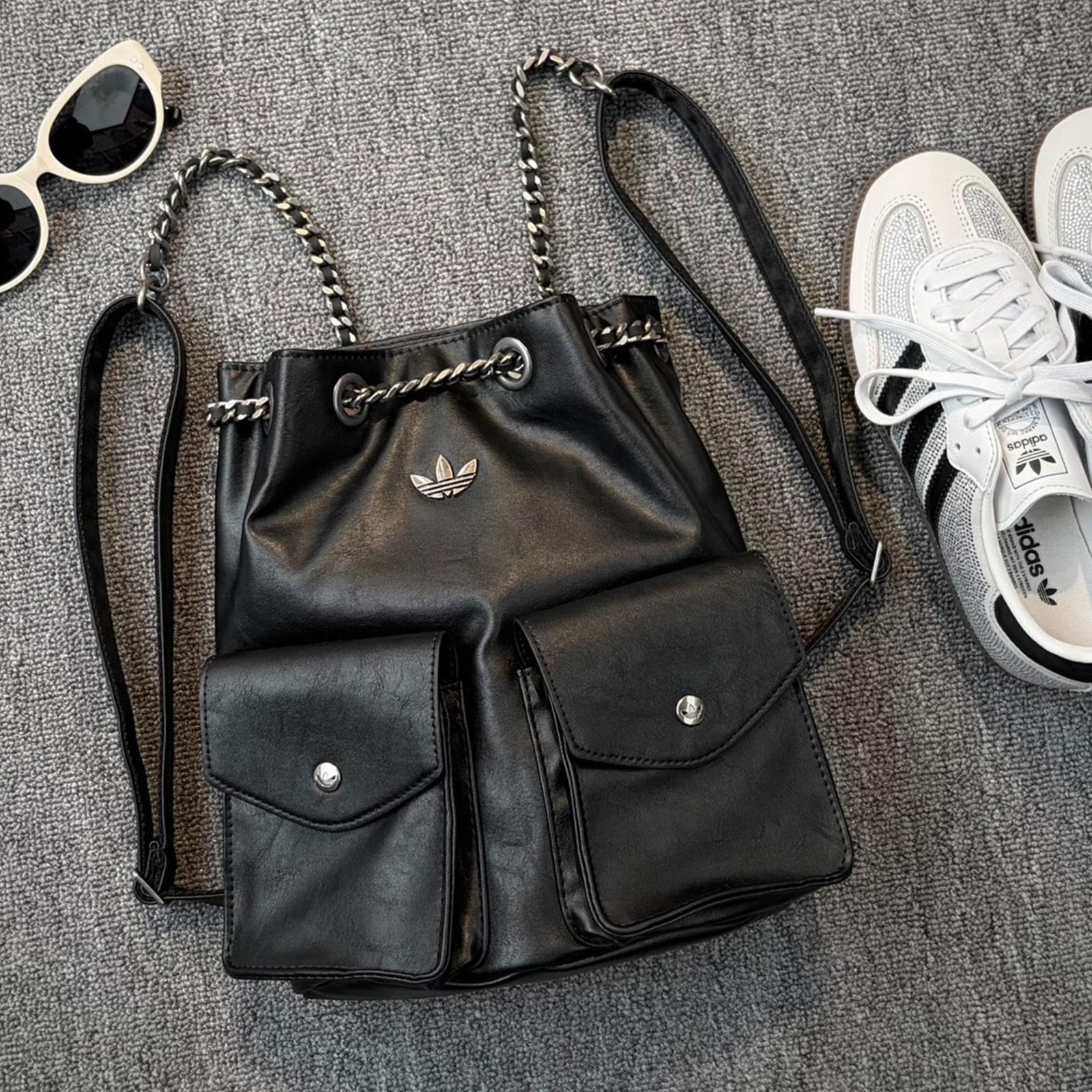 adidas Originals CLST W BACKPACK 小香風 皮革後背包 雙肩包 黑銀 KW4750