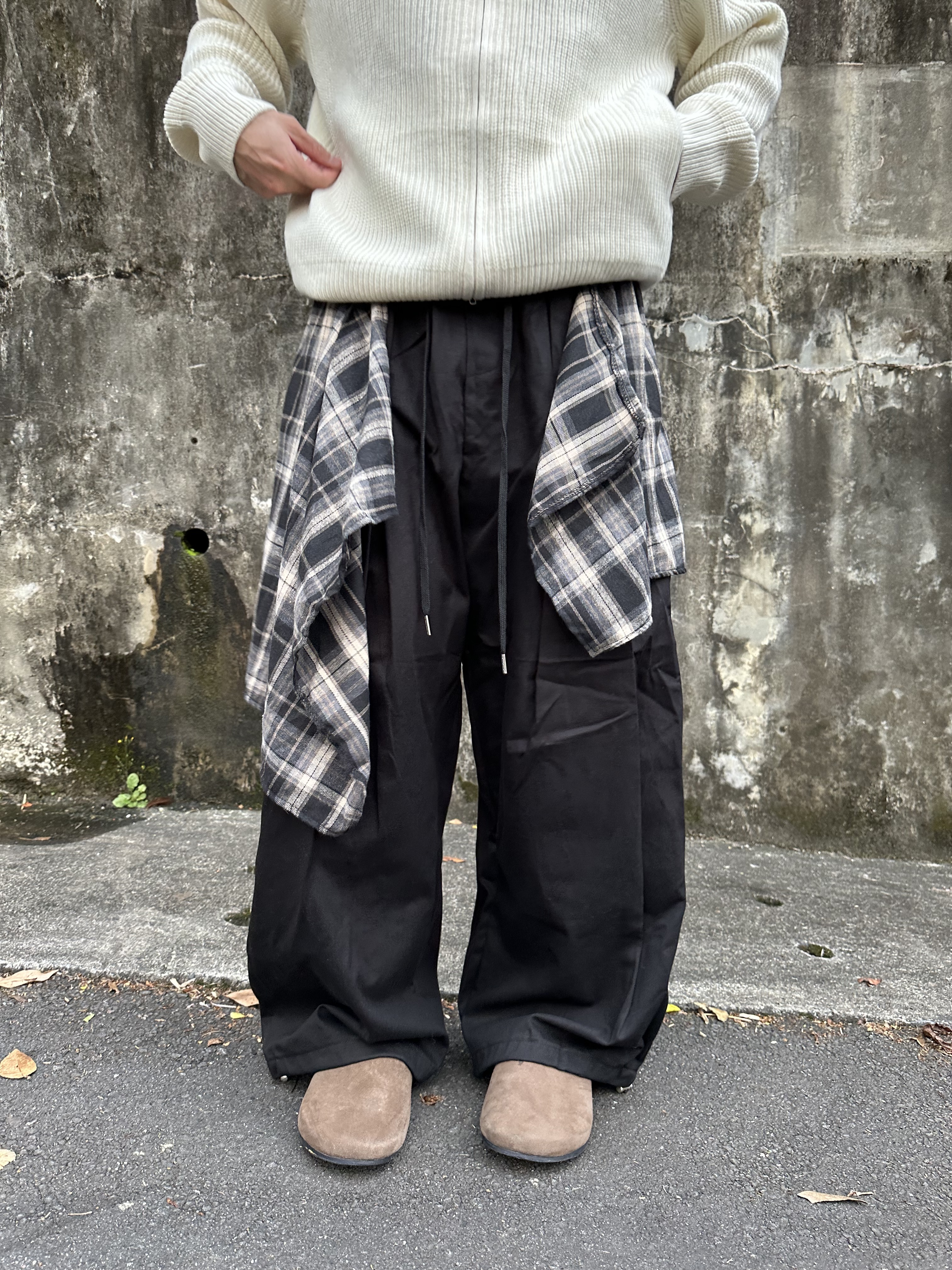 假兩件 格紋裙片 抽繩鬆緊 寬褲