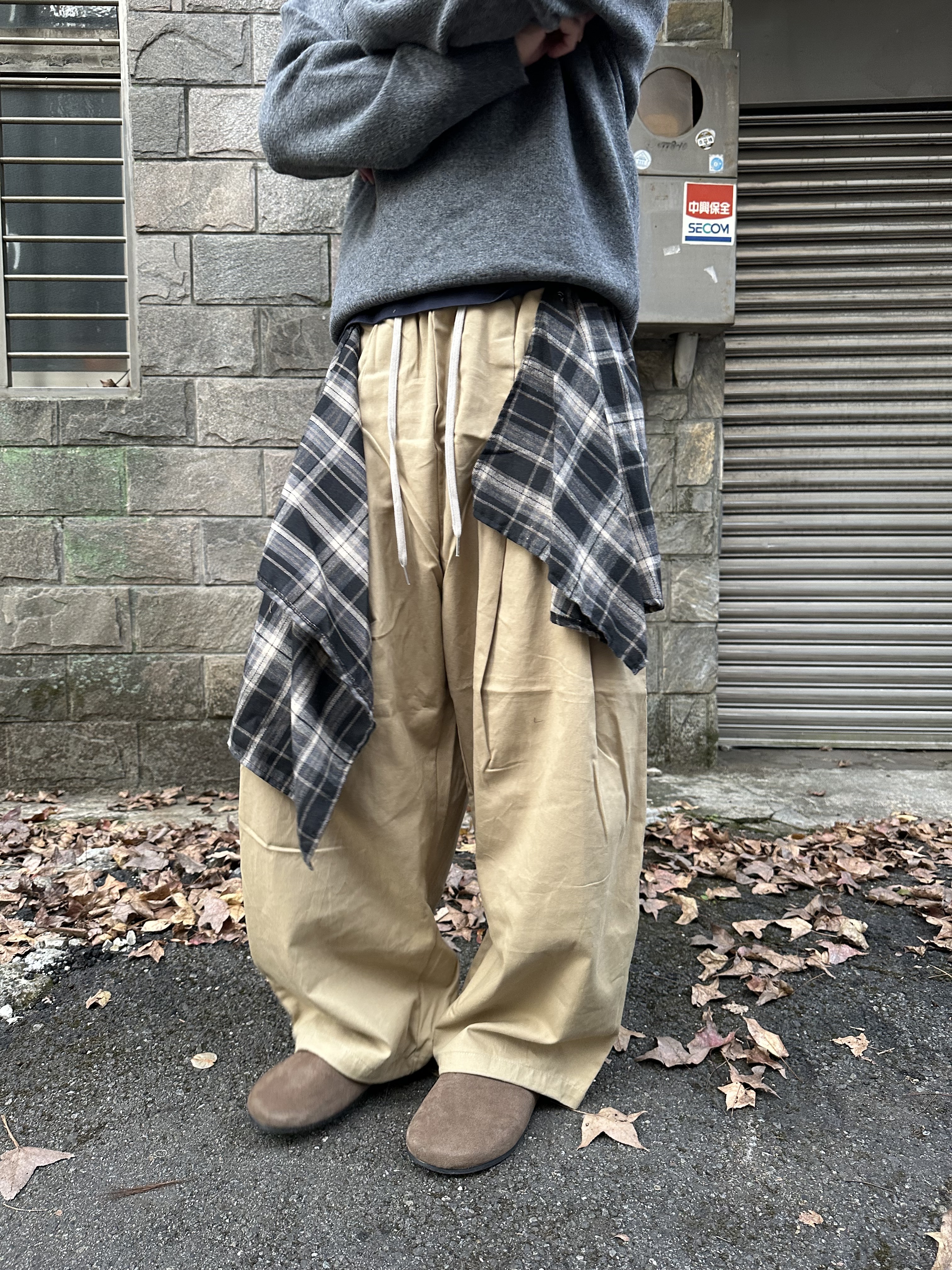 假兩件 格紋裙片 抽繩鬆緊 寬褲