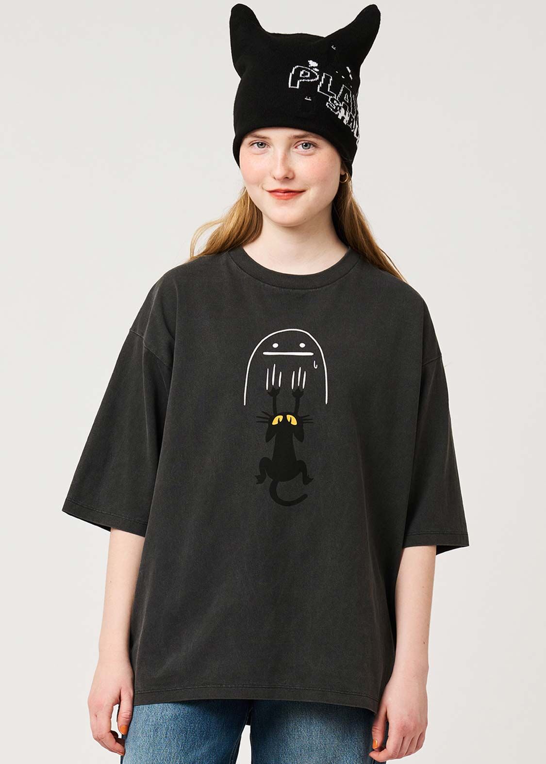 日本預訂 graniph GH Neko Kaburi Beautiful Shadow | Pigment Big Silhouette T-shirt BLACK