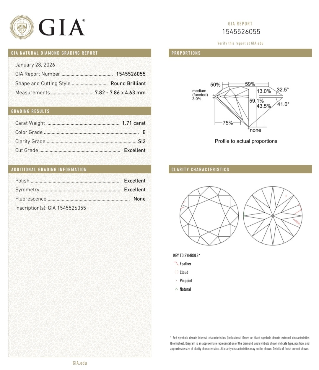 GIA鑽石 1.71 E SI2 3EX NON
