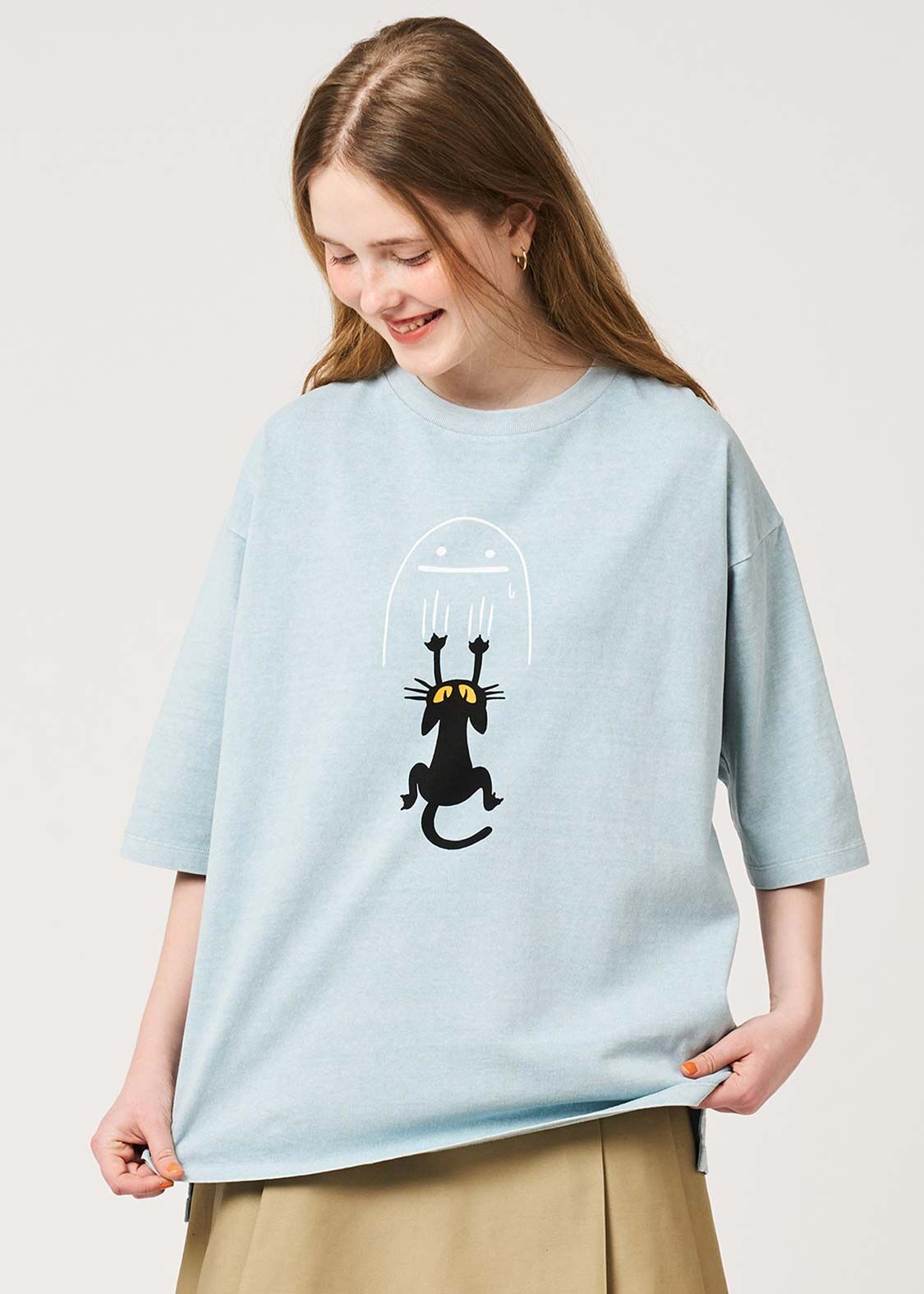 日本預訂 graniph GH Neko Kaburi Beautiful Shadow | Pigment Big Silhouette T-shirt BLUE