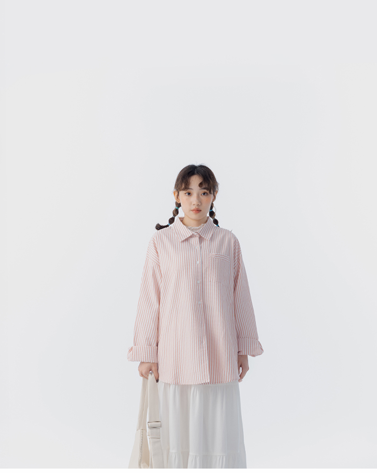 条纹口袋造型宽版长袖衬衫 两色售【01025734】现+预