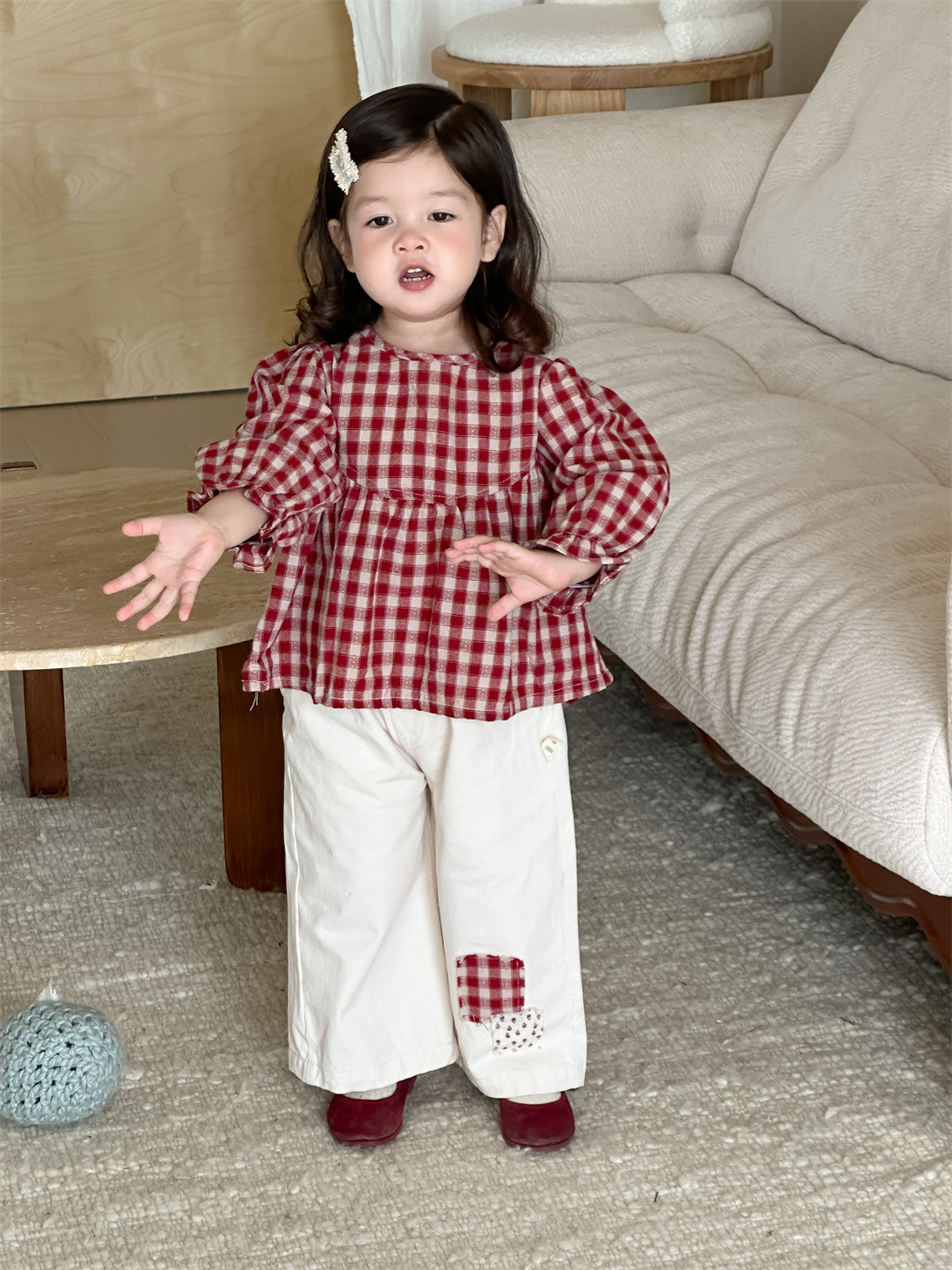 【H0353】女寶小清新紅格子上衣/紅格子貼布休閒長褲(73-110)