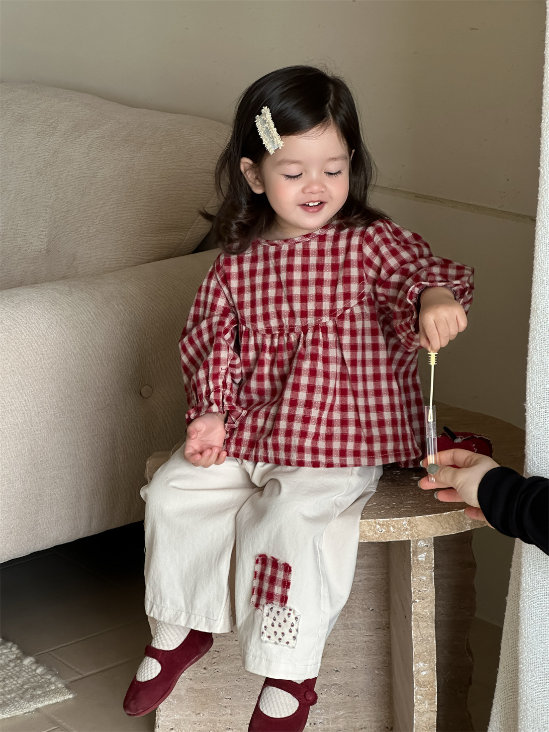 【H0353】女寶小清新紅格子上衣/紅格子貼布休閒長褲(73-110)