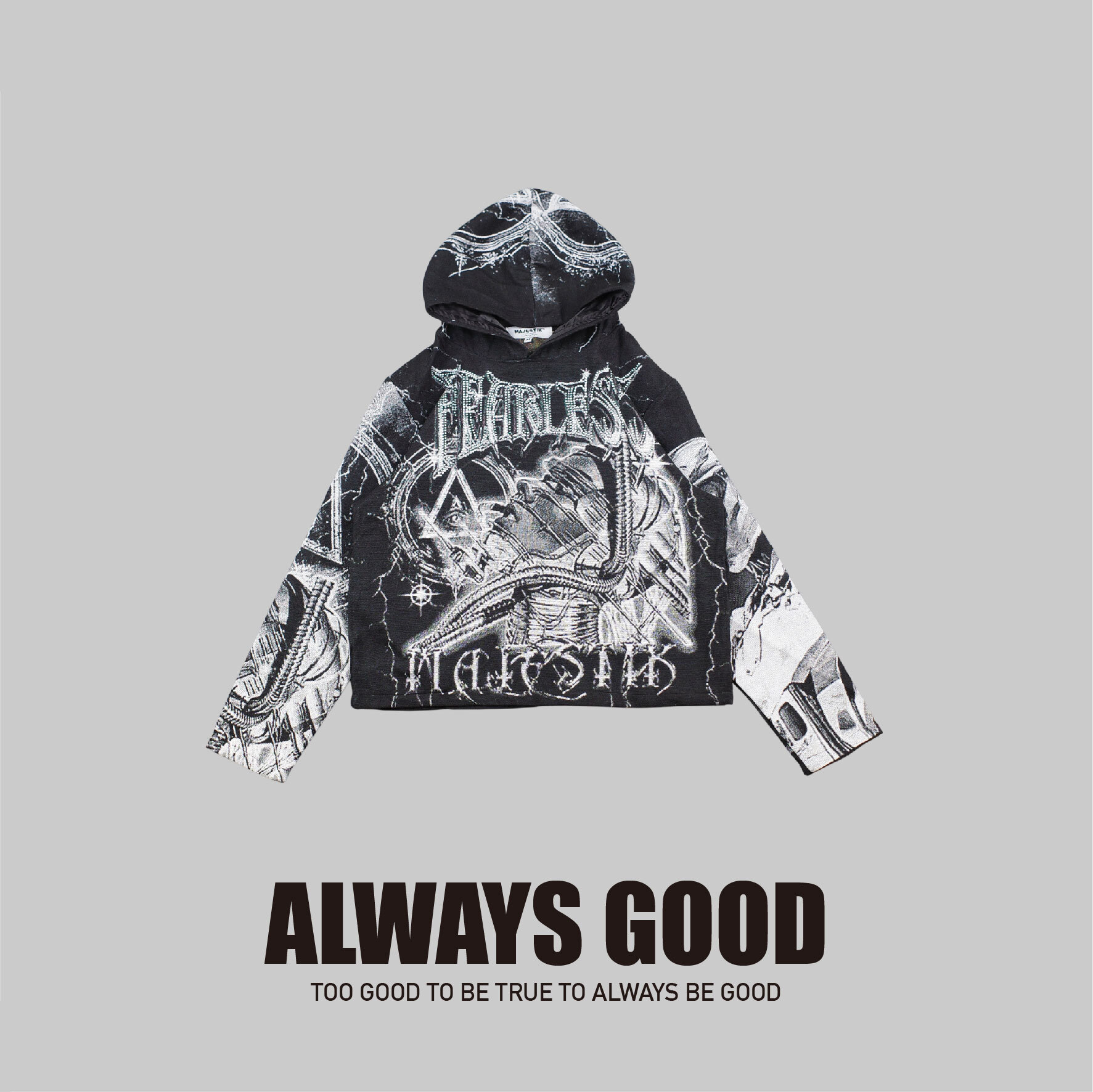 『Always_Good』鑲鑽 滿版印花 水洗 短版 帽T