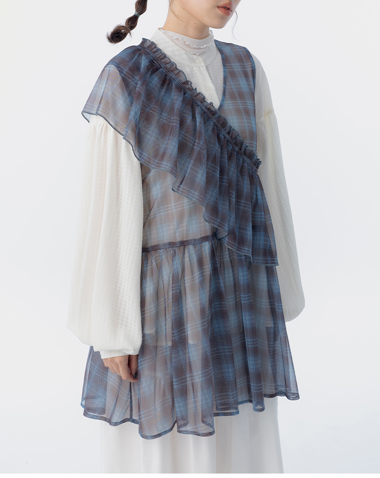 格纹透肤网纱两件式附衬裙罩衫背心 三色【01099579】现+预