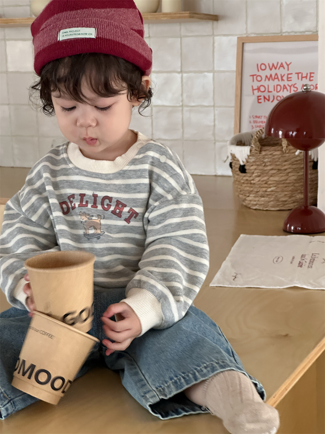 【H0354】休閒滑板狗狗條紋衛衣/百搭素色牛仔褲(73-110)
