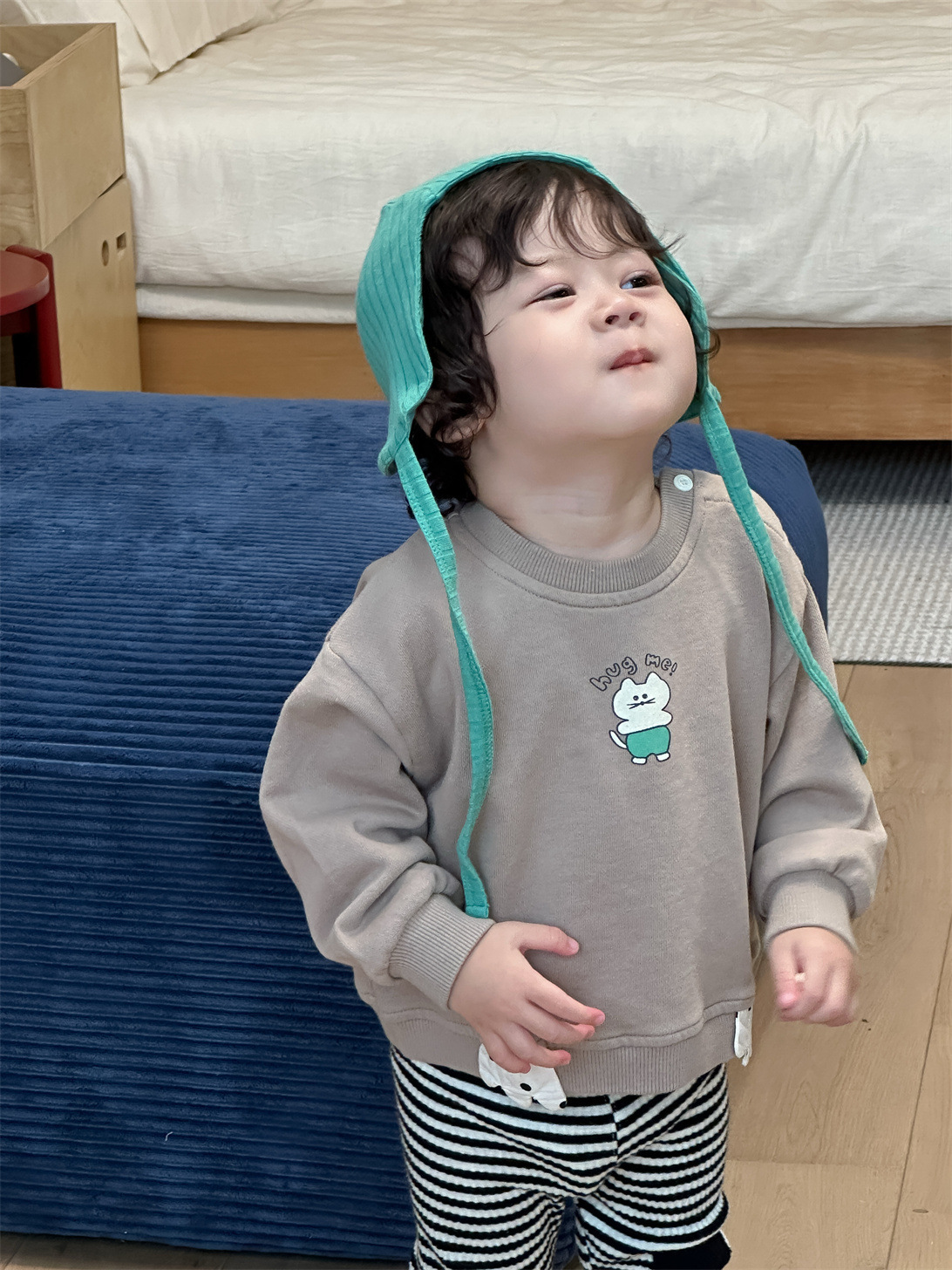 【H0355】可愛貓咪休閒衛衣/貼布條紋褲(73-110)