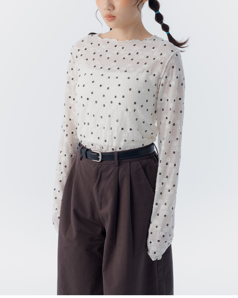 蕾丝花造型纹理木耳边上衣 三色售【01099593】现+预