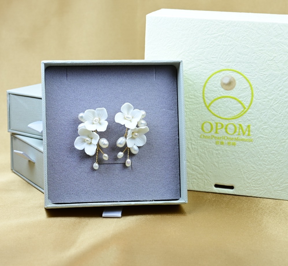 歐洲設計手工陶瓷花,淡水珍珠耳環