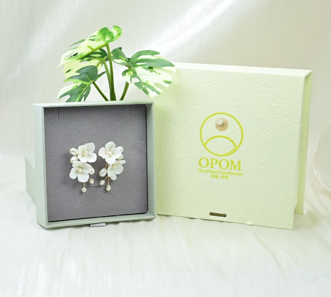 歐洲設計手工陶瓷花,淡水珍珠耳環