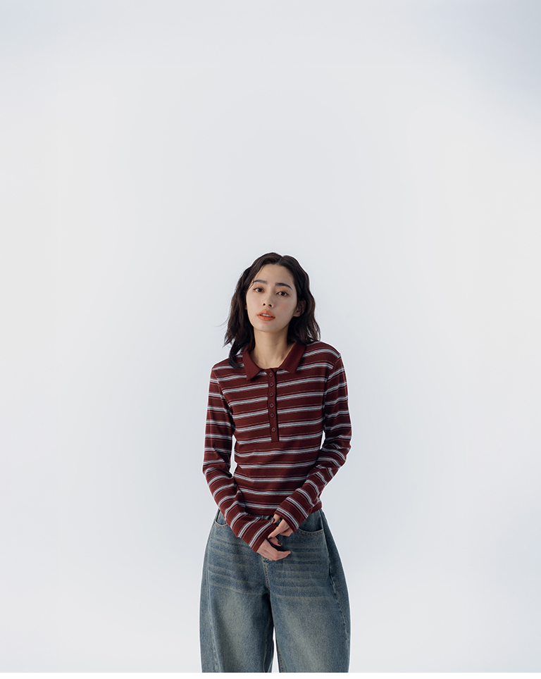 配色条纹合身polo领长袖上衣 三色售【01099686】现+预