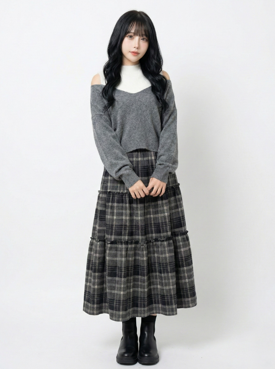 CA Checkered tiered long skirt