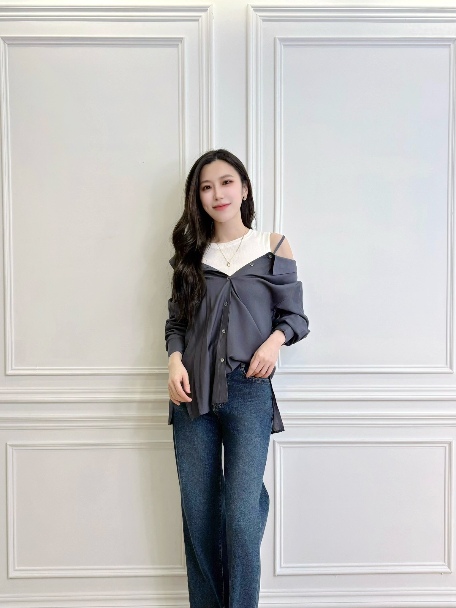 設計感露肩襯衫+針織背心SET