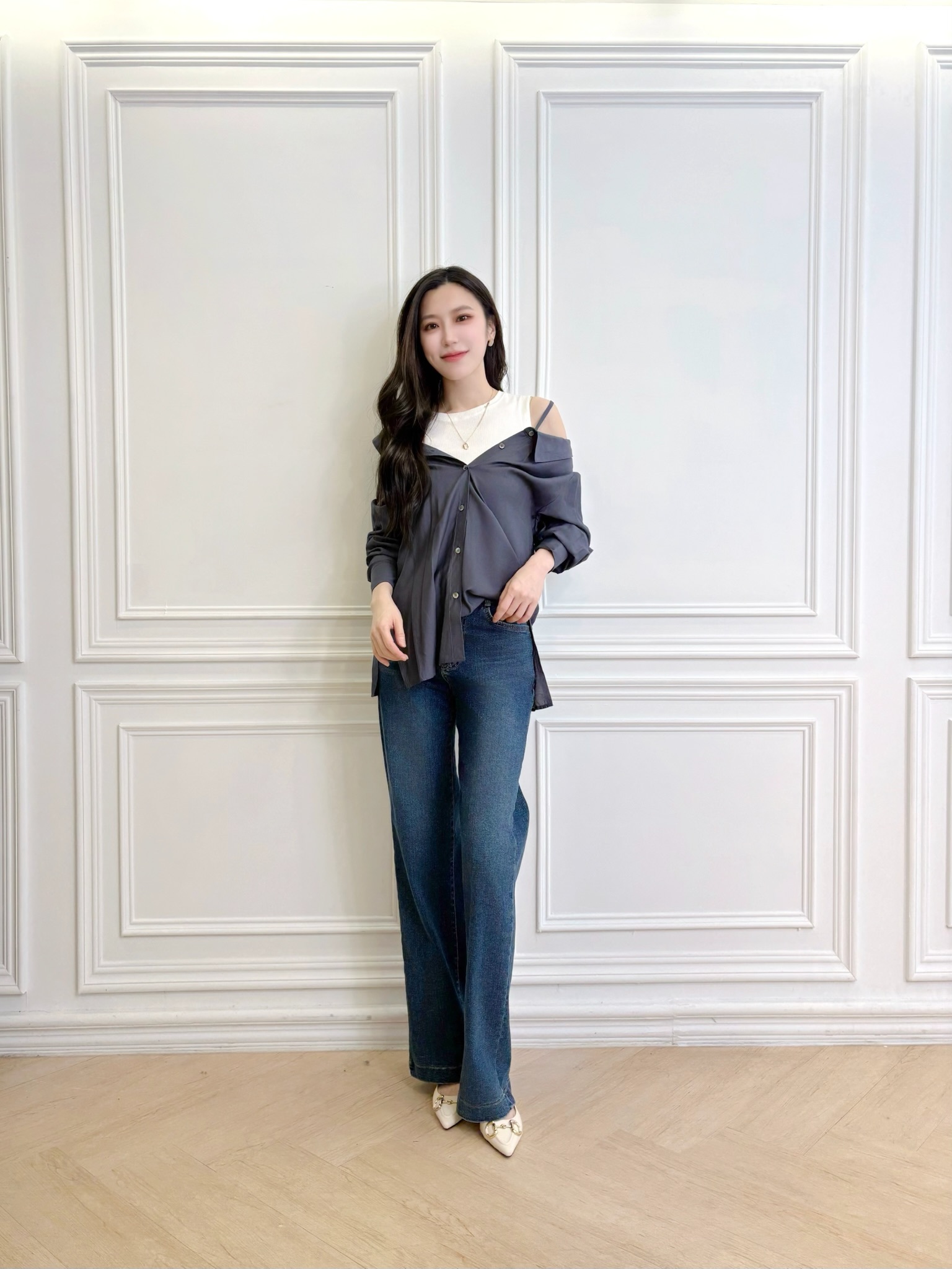 設計感露肩襯衫+針織背心SET