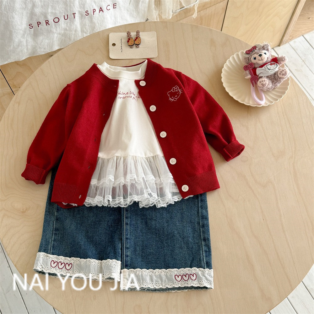 【H0358】女寶花邊紗網圓領上衣/花邊刺繡愛心直筒褲(90-140)