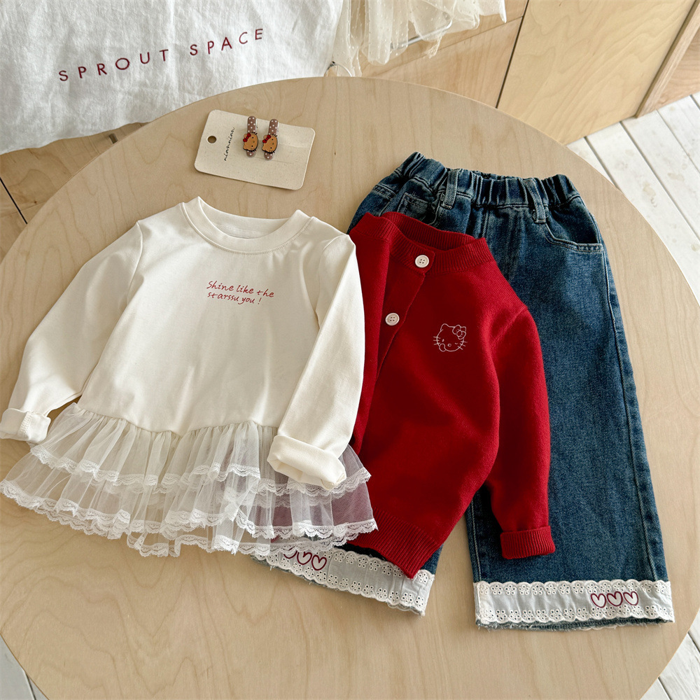 【H0358】女寶花邊紗網圓領上衣/花邊刺繡愛心直筒褲(90-140)