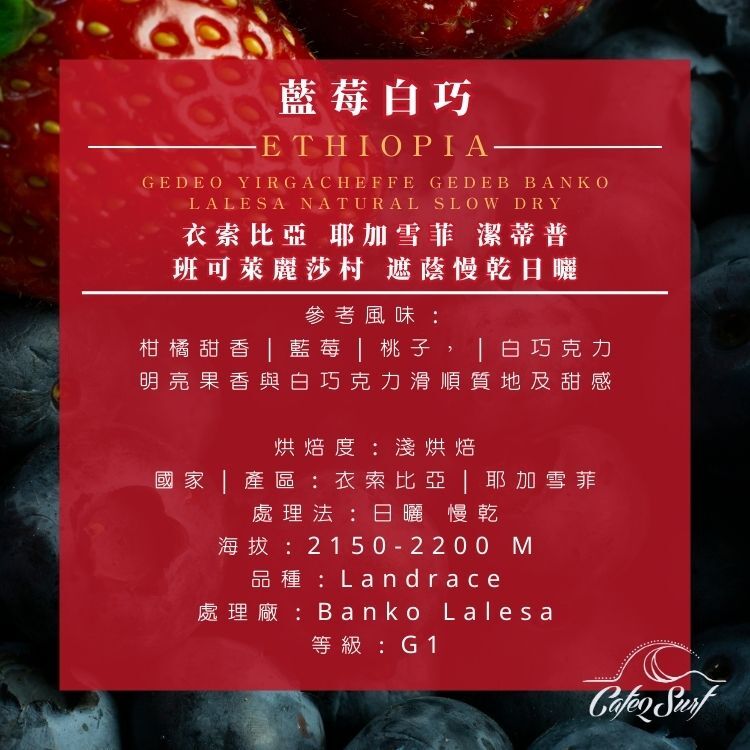 藍莓白巧｜耶加雪菲 潔蒂普 班可萊麗莎村 遮蔭慢乾日曬﹙半磅裝／227g﹚