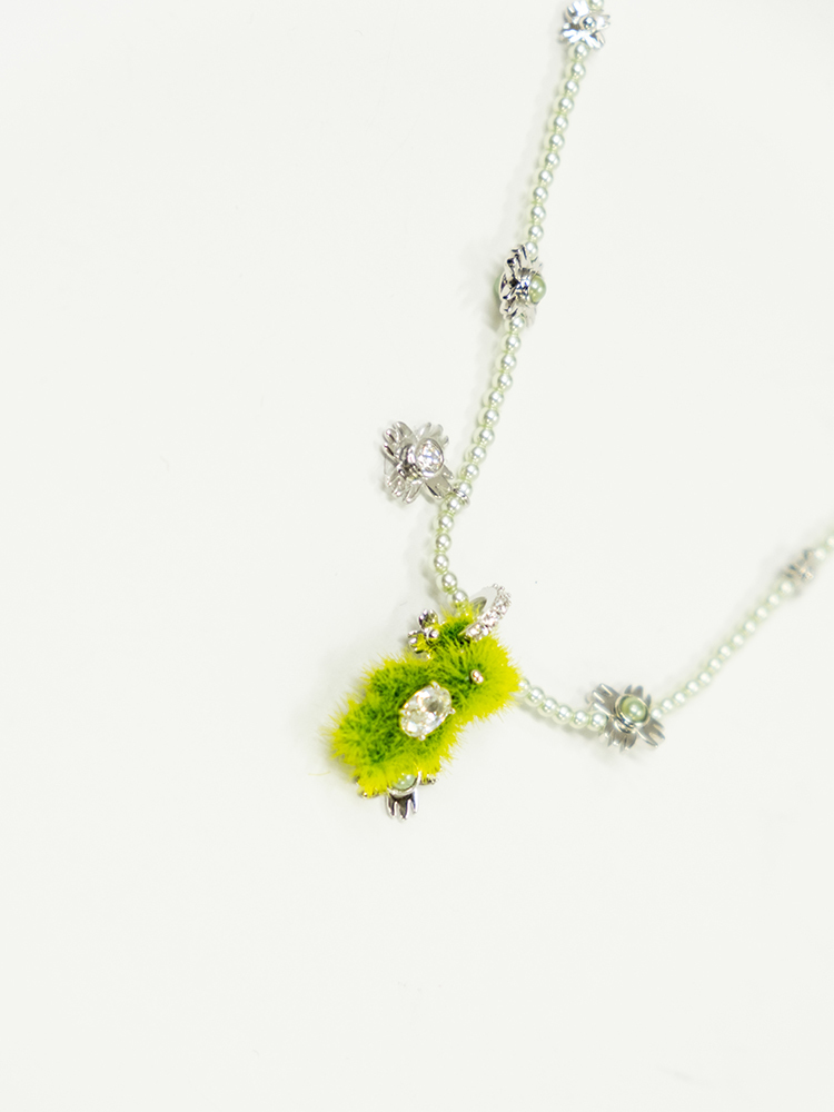 Pearl Garden Flocked Mini Grass Bear Pendant Necklace