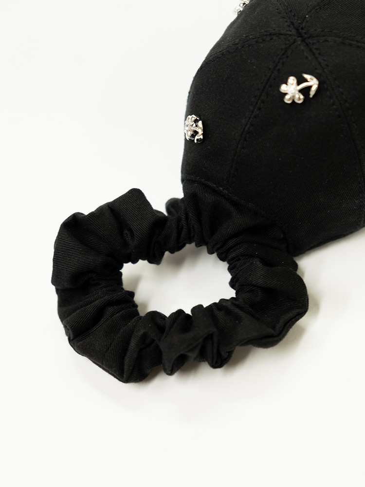 Flower Decorated Fabric Hat Hair Tie - Black
