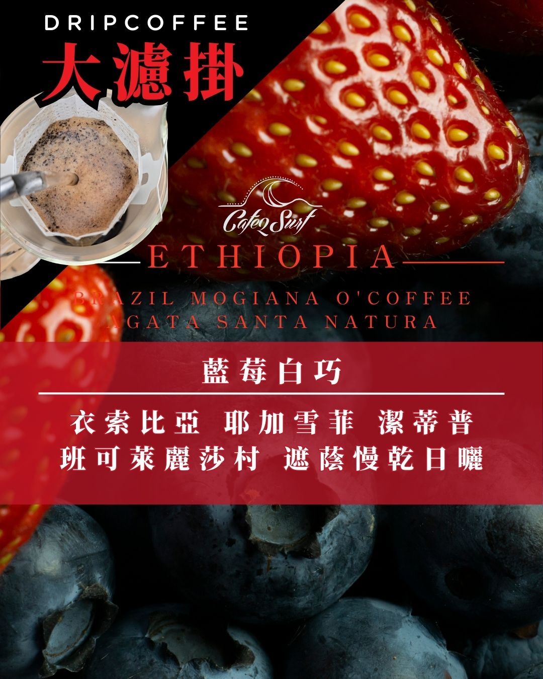 【大濾掛 - 9入小禮盒】藍莓白巧｜耶加雪菲 潔蒂普 班可萊麗莎村 遮蔭慢乾日曬 (每包15g，9入╱盒裝)