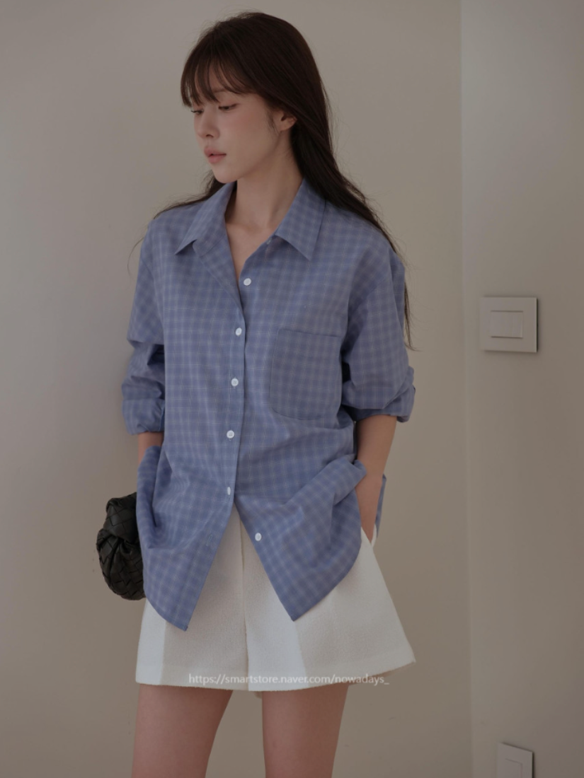 Ami 小格紋落肩襯衫 [ 2色 / Free ]