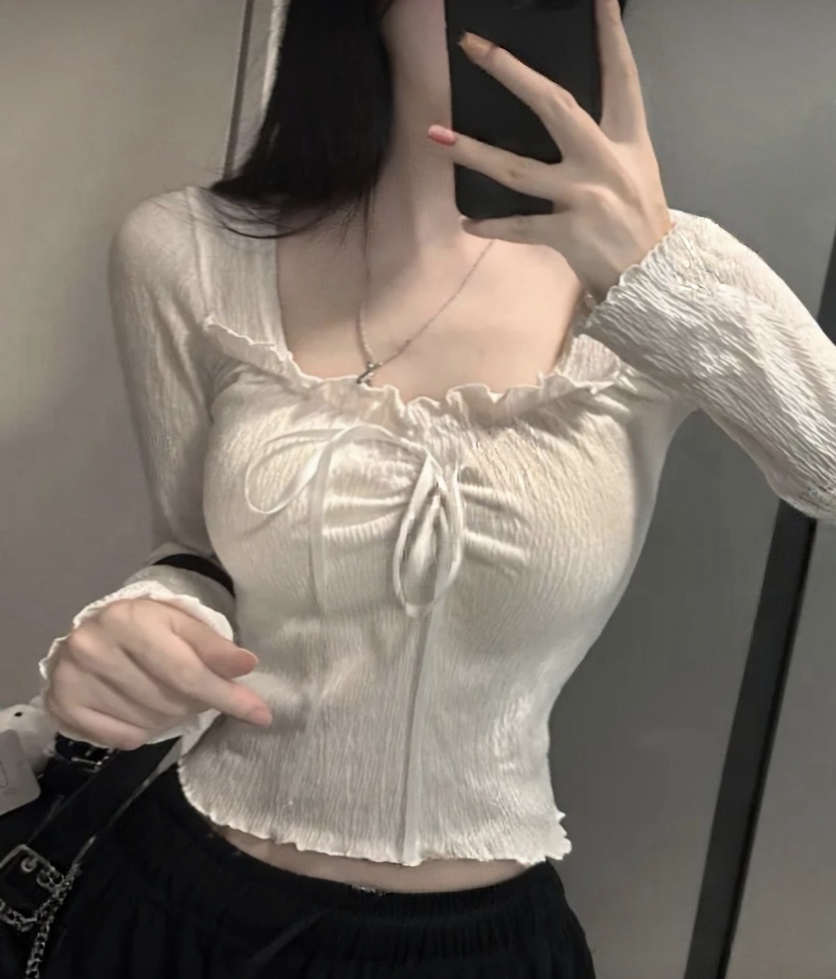 木耳邊方領樹紋長袖