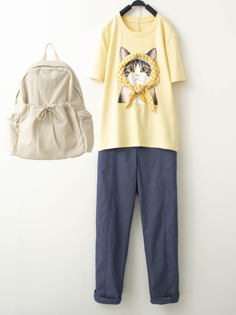 貓咪綁結上衣貓咪口袋竹節棉九分褲組合