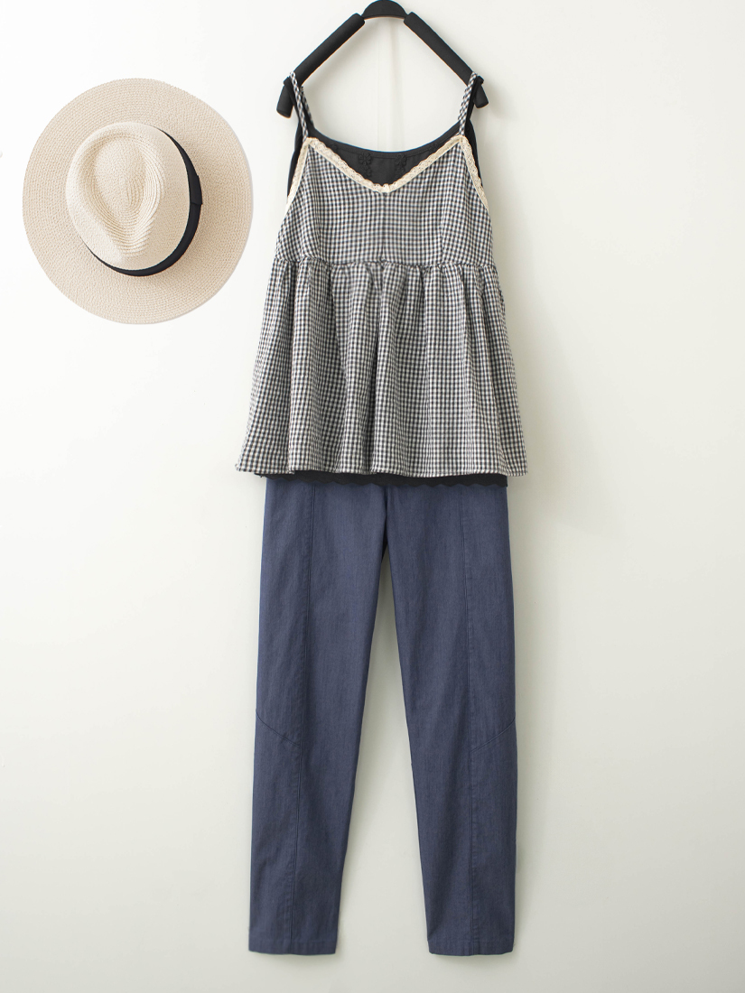 格紋細肩帶背心小花背心貓咪竹節棉褲組合