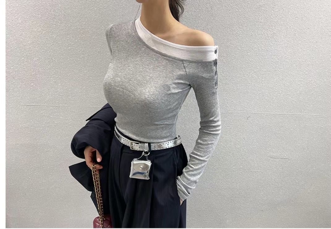 870 韓國露單肩鈕扣造型上衣