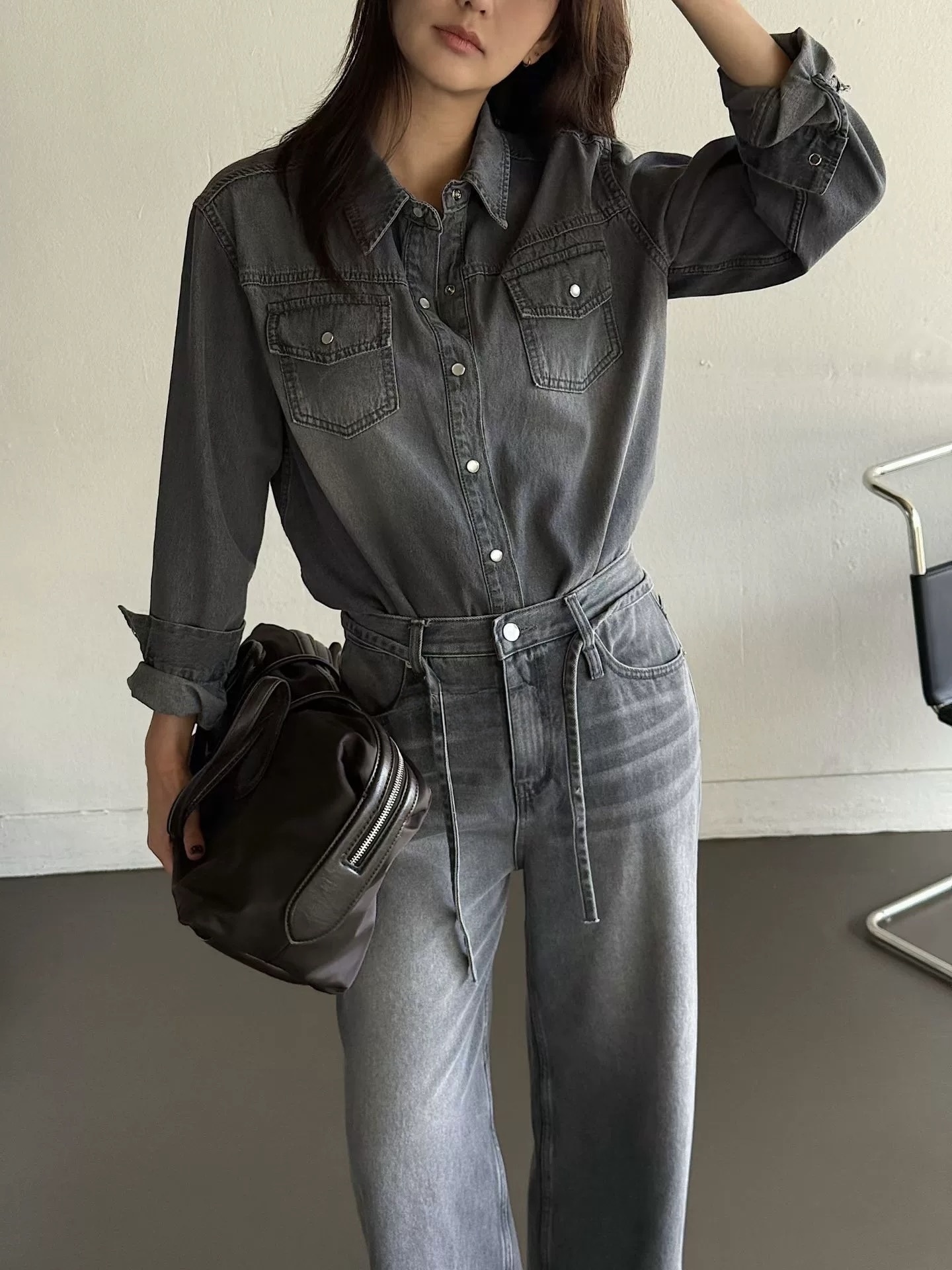 正韓知性灰牛仔襯衫