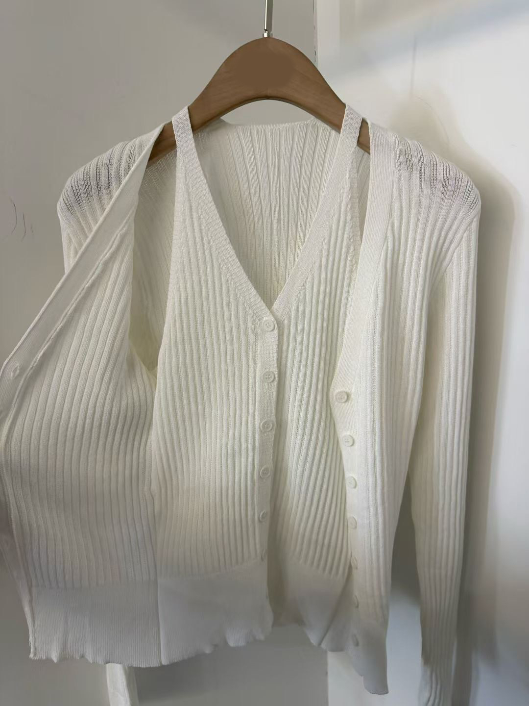 螺紋V領排釦罩衫外套+排釦背心SET / 4色