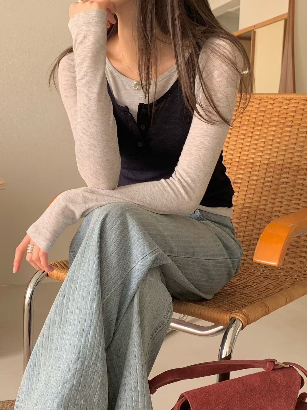 配色直條紋刷色後皮標直筒牛仔褲-S-M