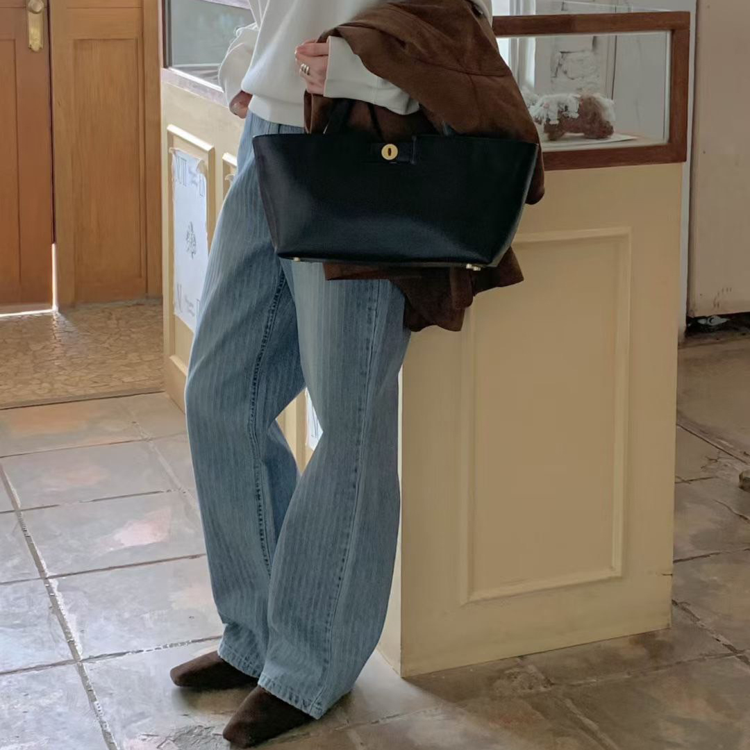 配色直條紋刷色後皮標直筒牛仔褲-S-M