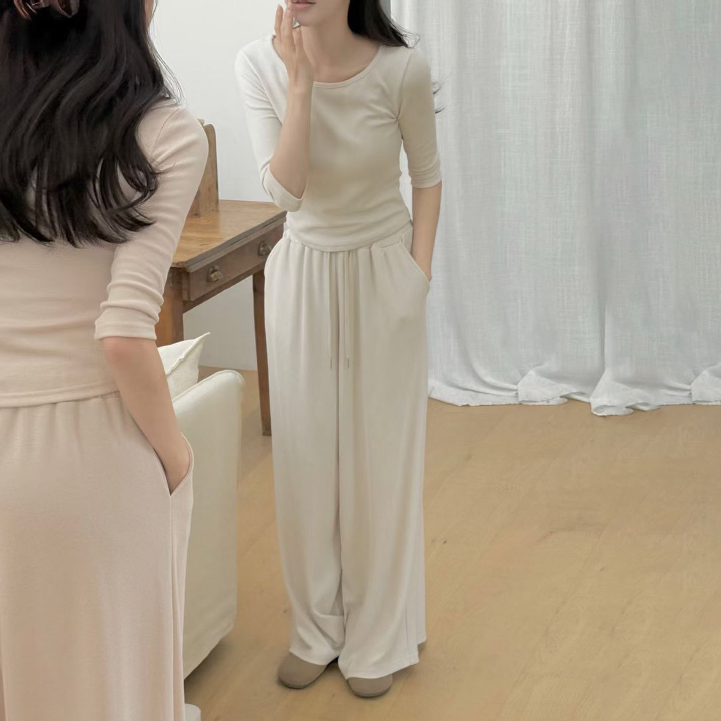 七分袖圓領合身短版棉TEE+長褲SET / 3色