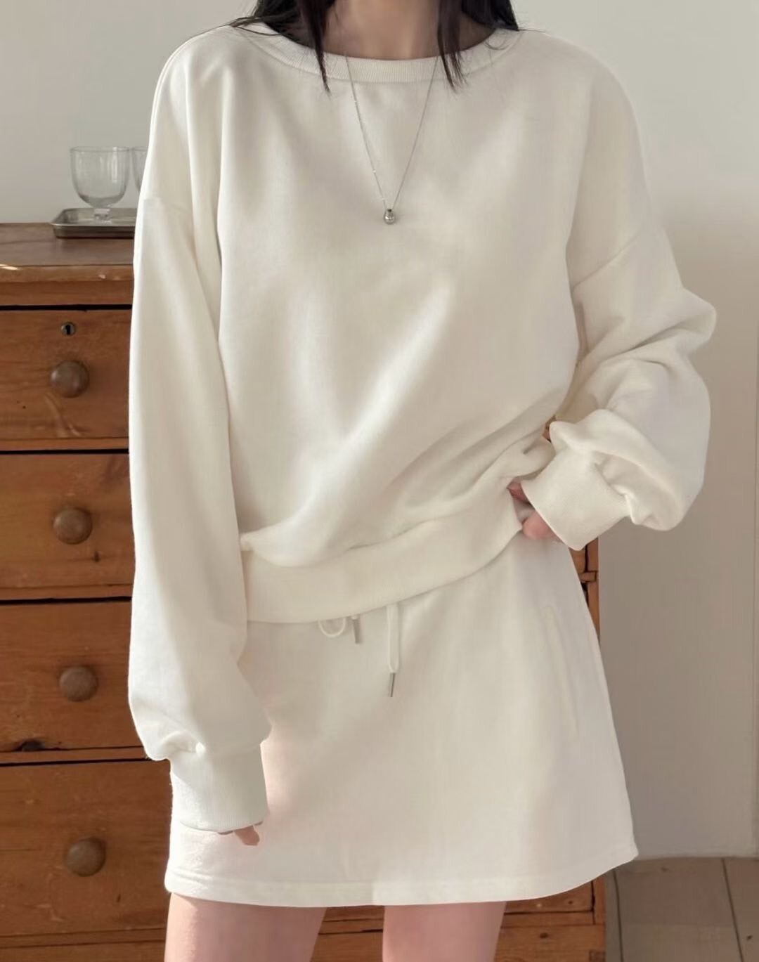 慵懶氣息圓領衛衣大學TEE+短褲裙SET / 3色